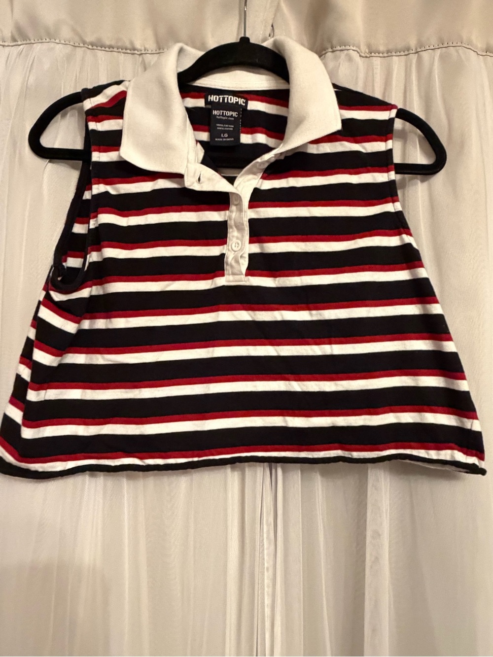 Hot Topic Black White Red Striped Cropped Polo Tank